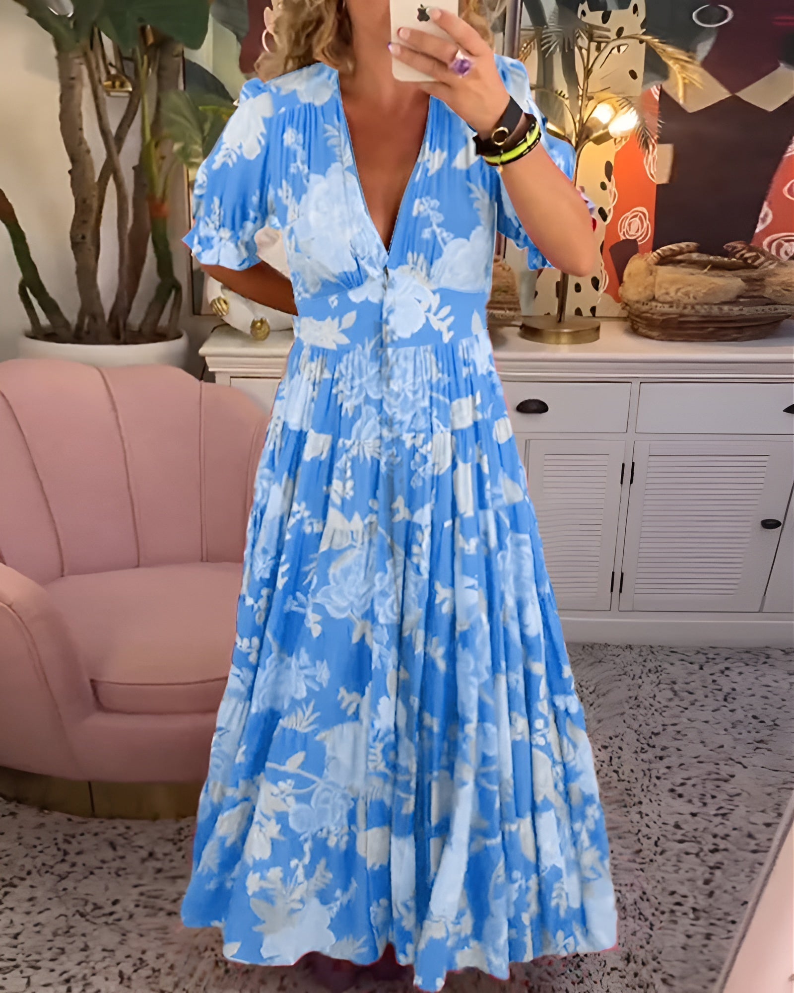 CATERINA™ | Langes Blumenkleid mit versteckten Taschen und femininen Design für den Tag