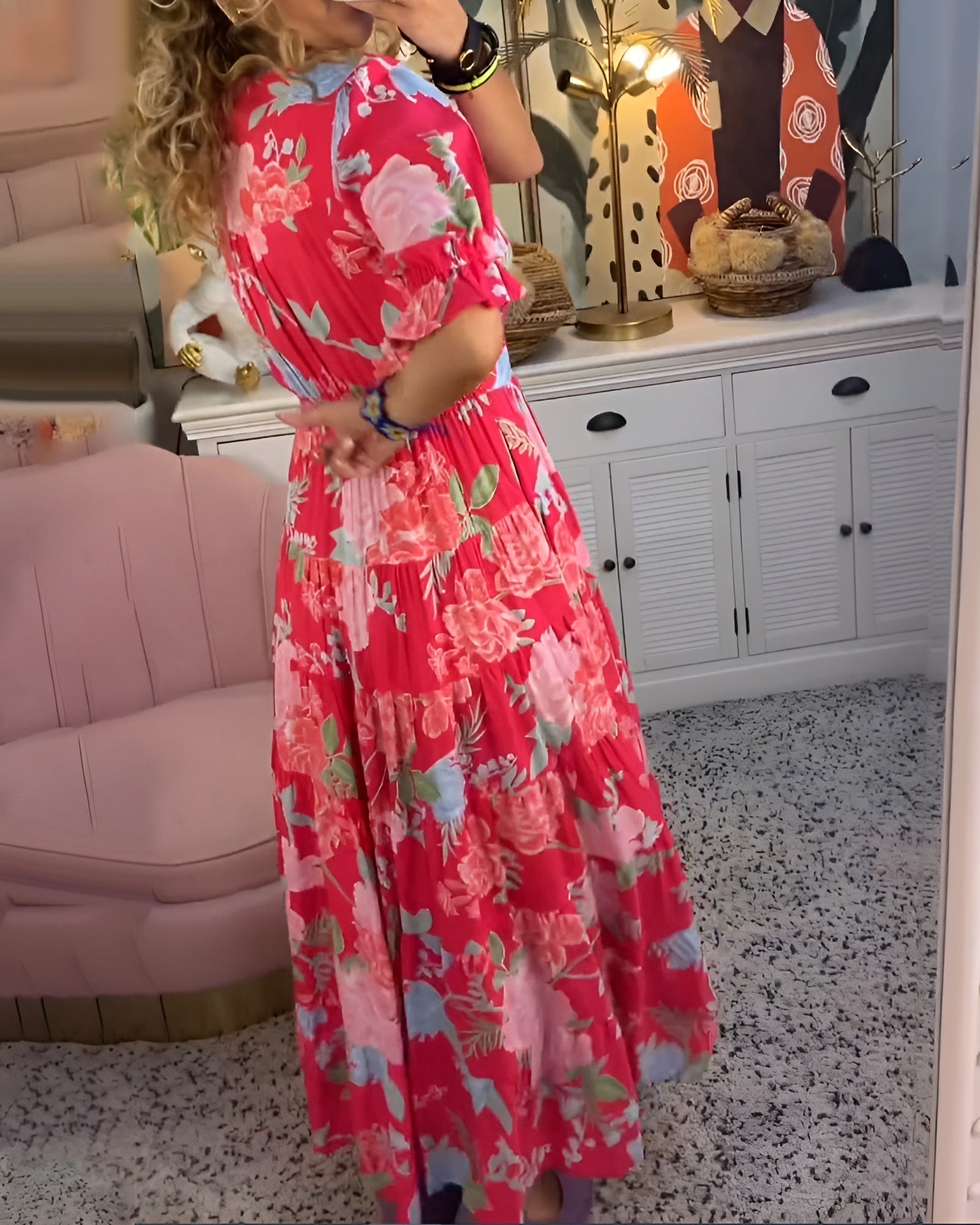 CATERINA™ | Langes Blumenkleid mit versteckten Taschen und femininen Design für den Tag
