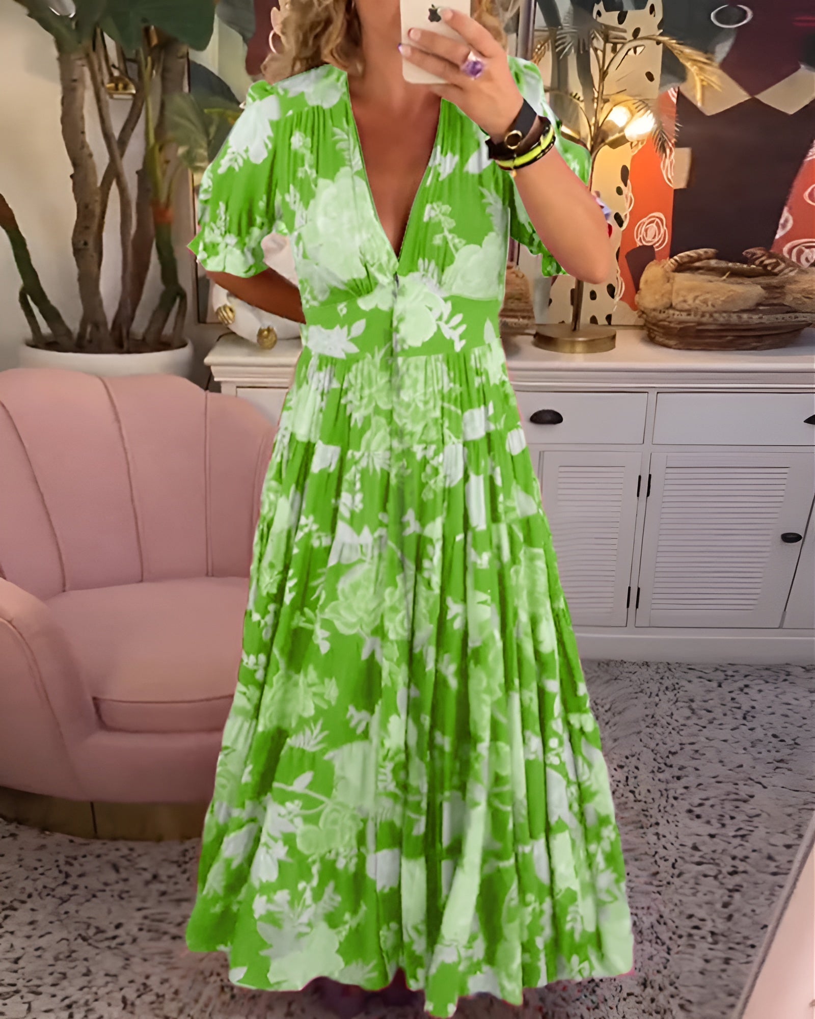 CATERINA™ | Langes Blumenkleid mit versteckten Taschen und femininen Design für den Tag