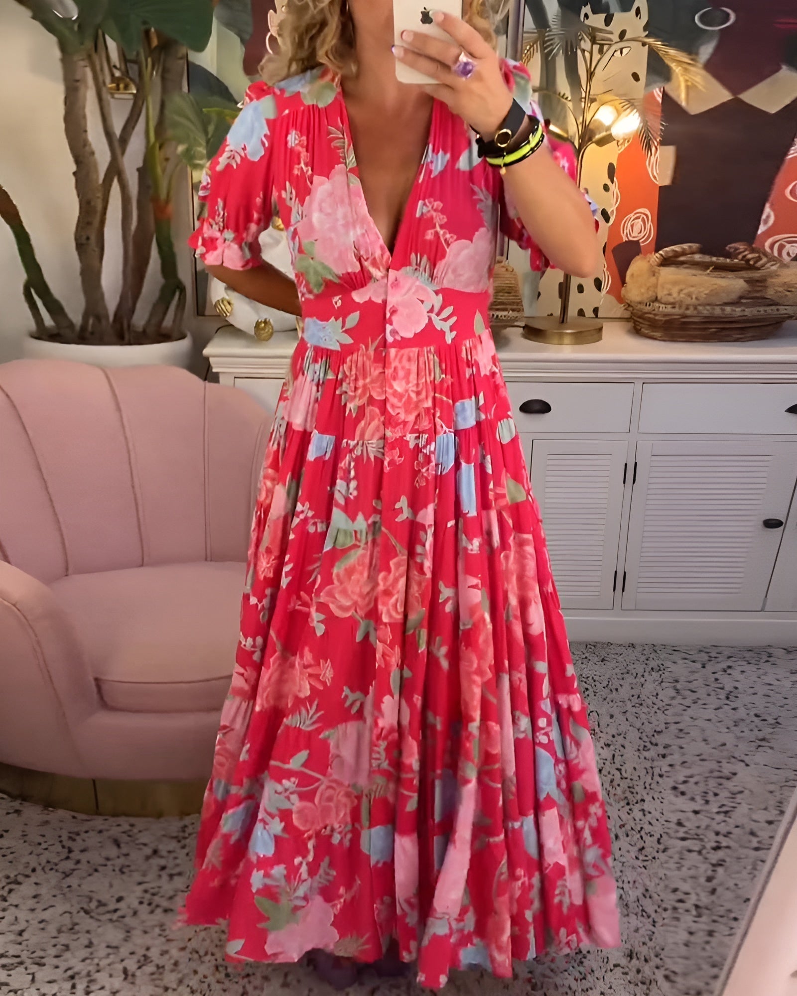 CATERINA™ | Langes Blumenkleid mit versteckten Taschen und femininen Design für den Tag