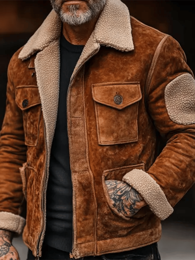 Mario® | Herren Vintage Wildleder Patchwork Lammfleece Mehrfach-Taschen Wende-Kragen Outdoor-Jacke