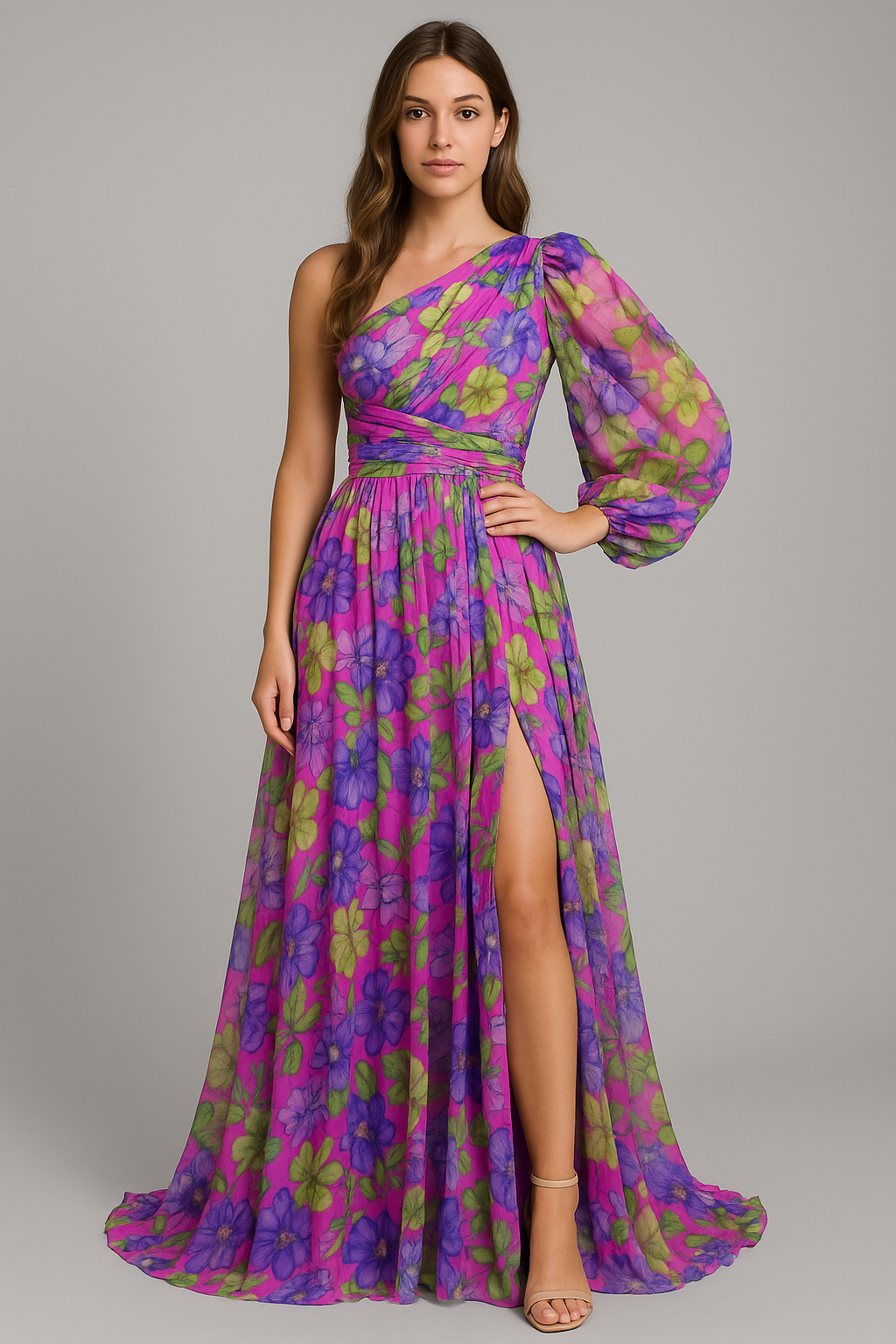 Amalia - Ein-Schulter-Blumen-Maxikleid