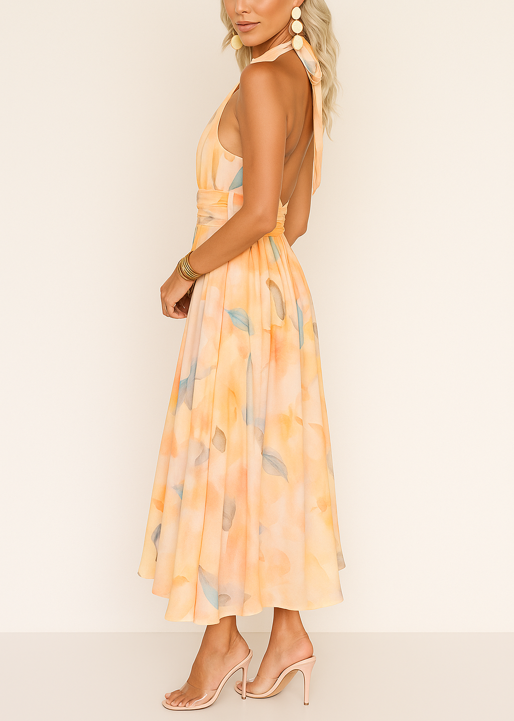 Annelies® | Halterneck Offener Rücken Taillierter Aquarell Print Maxi Kleid