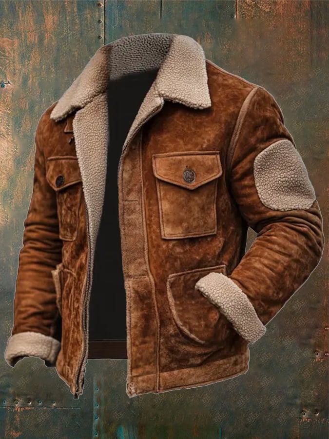 Mario® | Herren Vintage Wildleder Patchwork Lammfleece Mehrfach-Taschen Wende-Kragen Outdoor-Jacke
