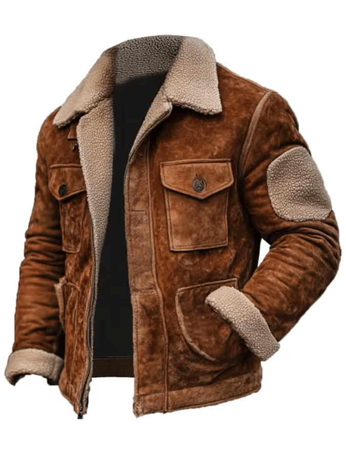 Mario® | Herren Vintage Wildleder Patchwork Lammfleece Mehrfach-Taschen Wende-Kragen Outdoor-Jacke