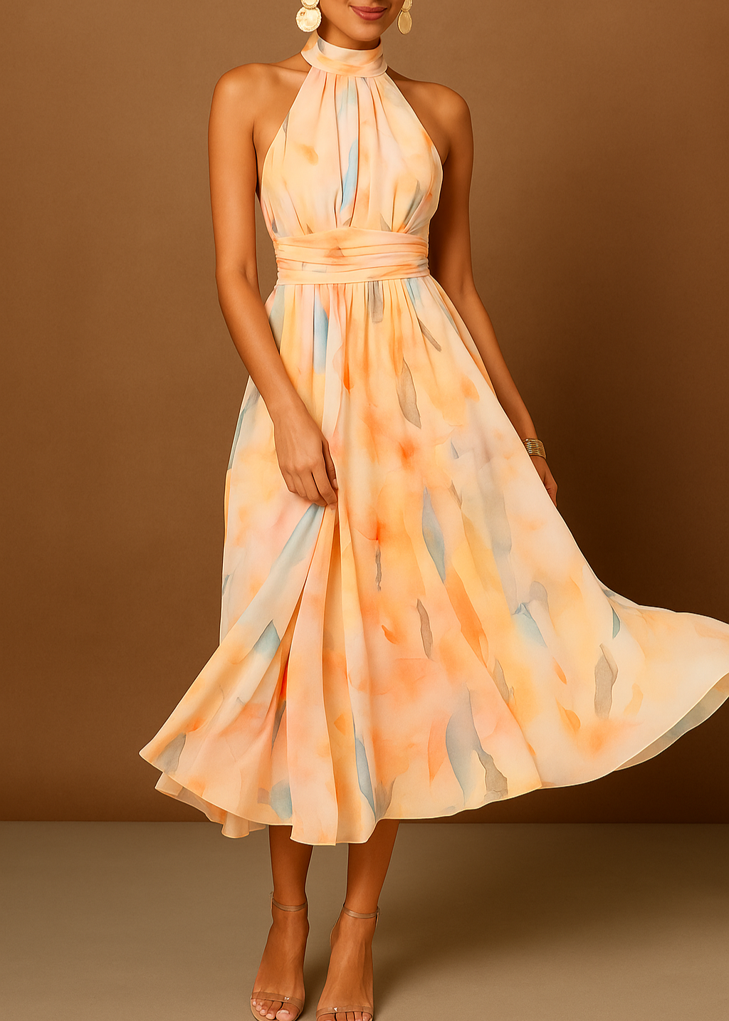 Annelies® | Halterneck Offener Rücken Taillierter Aquarell Print Maxi Kleid