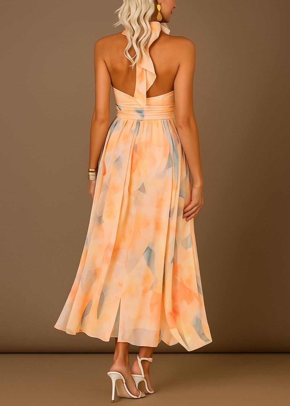 Annelies® | Halterneck Offener Rücken Taillierter Aquarell Print Maxi Kleid