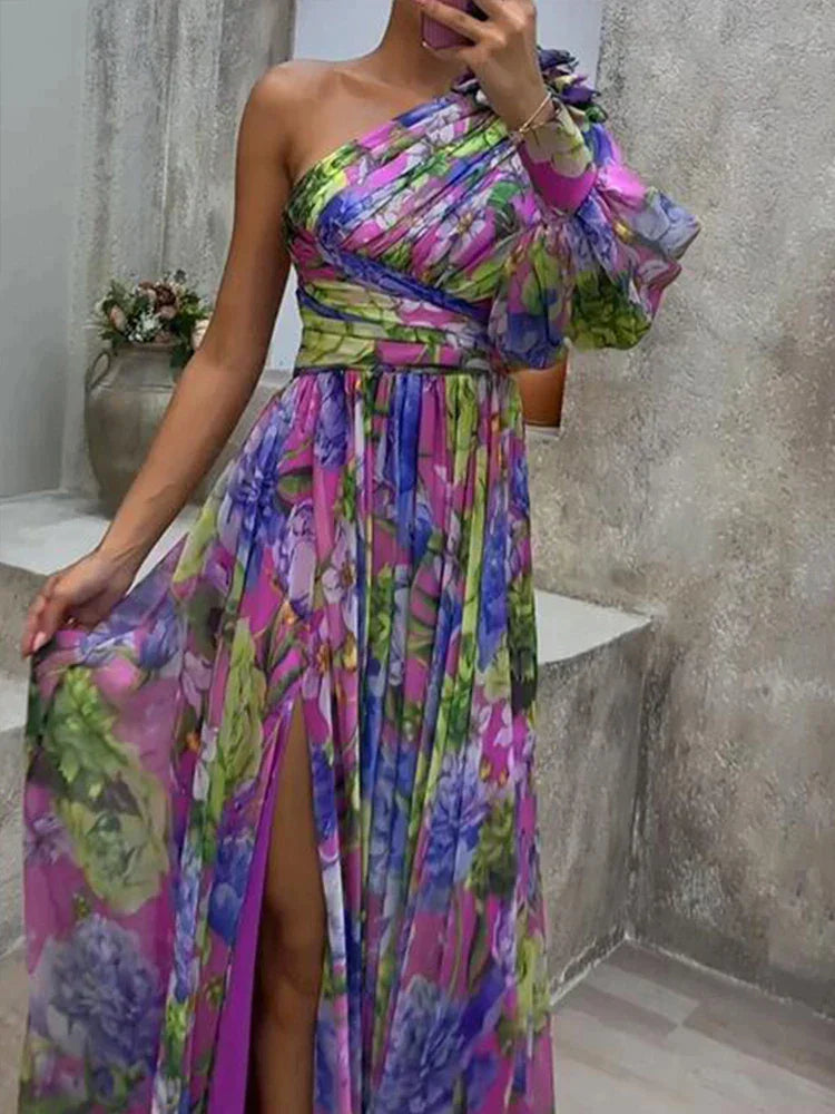 Amalia - Ein-Schulter-Blumen-Maxikleid